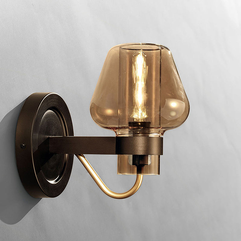 1 Light Amber Glass Wall Sconce Light Modern Black Mushroom Bedroom Lighting Fixture Clearhalo 'Cast Iron' 'Glass' 'Industrial' 'Modern wall lights' 'Modern' 'Tiffany' 'Traditional wall lights' 'Wall Lamps & Sconces' 'Wall Lights' Lighting' 250735