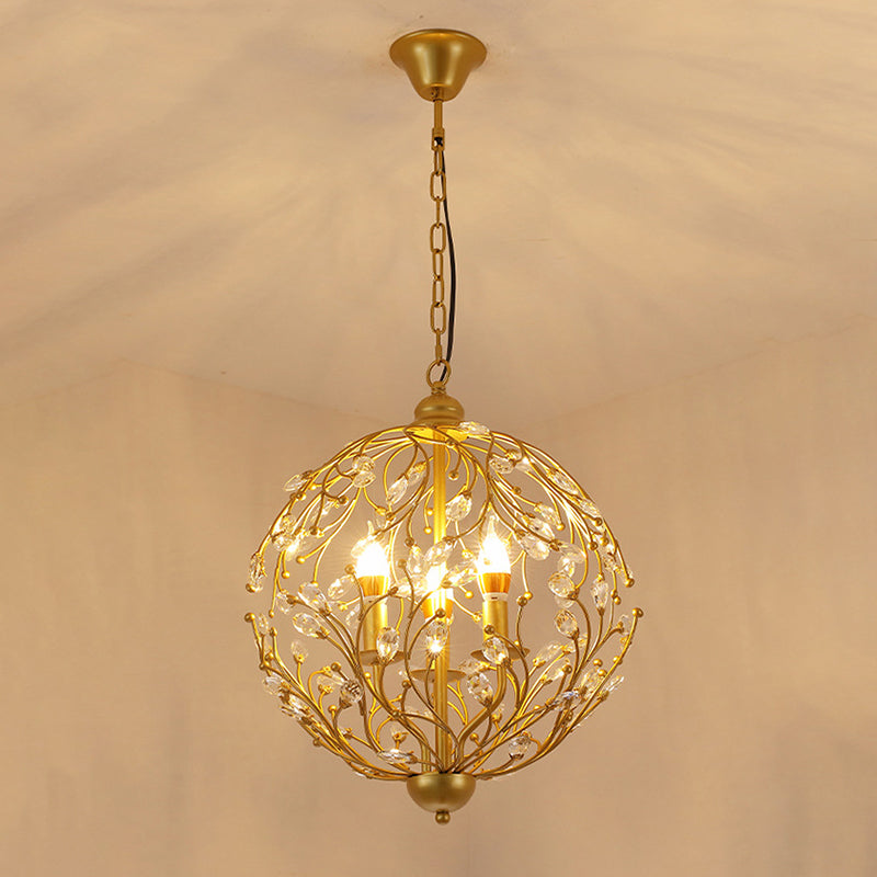 Globe Chandelier Lighting Antique Crystal 3 Lights Brass Hanging Ceiling Light for Dining Room Brass Clearhalo 'Ceiling Lights' 'Chandeliers' 'Modern Chandeliers' 'Modern' Lighting' 250737