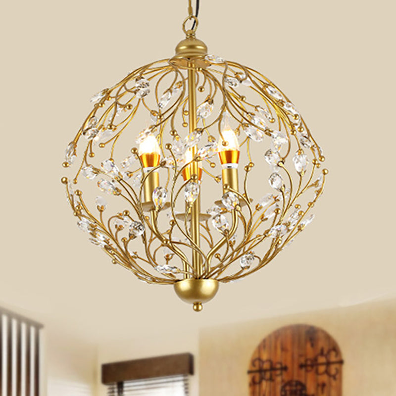 Globe Chandelier Lighting Antique Crystal 3 Lights Brass Hanging Ceiling Light for Dining Room Clearhalo 'Ceiling Lights' 'Chandeliers' 'Modern Chandeliers' 'Modern' Lighting' 250738