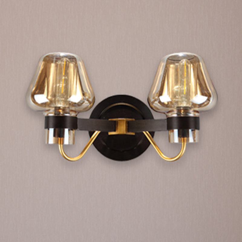 2-Light Mushroom Sconce Light Fixture Modern Black Amber Glass Wall Lamp for Living Room Amber Clearhalo 'Cast Iron' 'Glass' 'Industrial' 'Modern wall lights' 'Modern' 'Tiffany' 'Traditional wall lights' 'Wall Lamps & Sconces' 'Wall Lights' Lighting' 250758