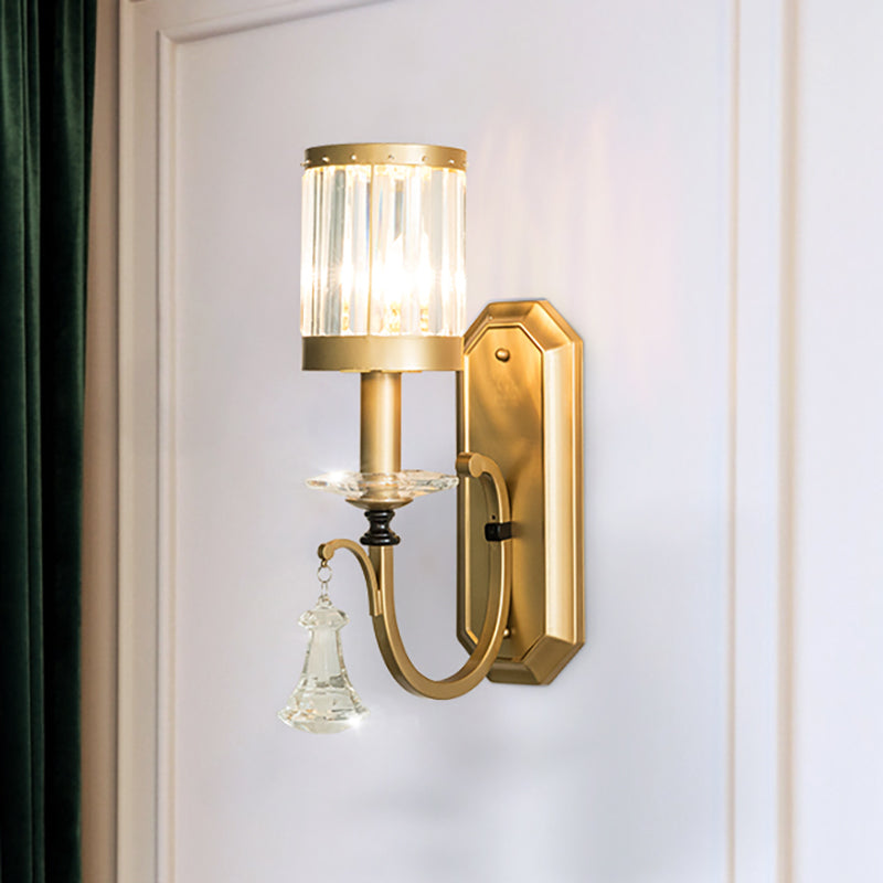 Cylinder Sconce Light Modernism Prismatic Crystal 1 Light Brass Wall Mount Light for Living Room Brass Clearhalo 'Modern wall lights' 'Modern' 'Wall Lamps & Sconces' 'Wall Lights' Lighting' 250786