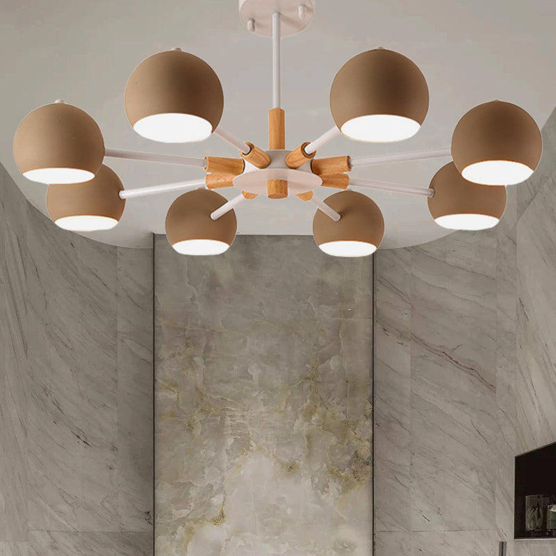 Wood Snowflake Hanging Lamp with Orb Shade Living Room 8-Head Macaron Chandelier Khaki Clearhalo 'Ceiling Lights' 'Chandeliers' Lighting' options 250790_9ff1cdf9-2f7d-4d4b-a75b-51b68a6624bc