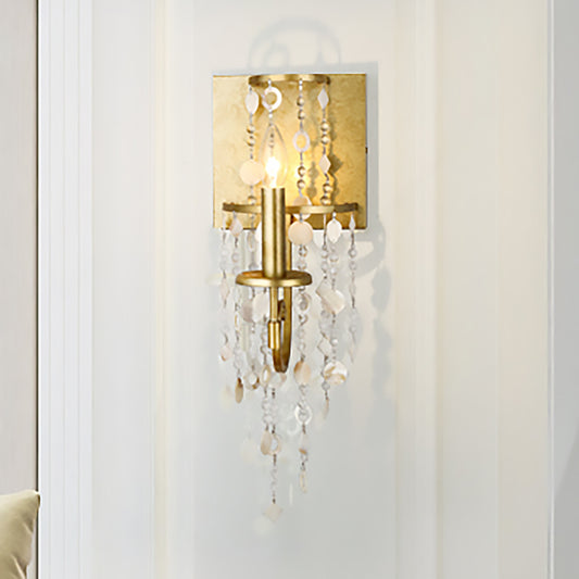 Exposed Wall Sconce Fixture Vintage Style Metal 1 Bulb Brass Wall Light with Crystal Beaded Strand and Shell Deco Brass Clearhalo 'Modern wall lights' 'Modern' 'Wall Lamps & Sconces' 'Wall Lights' Lighting' 250815