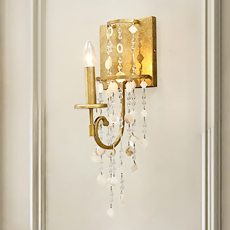 Exposed Wall Sconce Fixture Vintage Style Metal 1 Bulb Brass Wall Light with Crystal Beaded Strand and Shell Deco Clearhalo 'Modern wall lights' 'Modern' 'Wall Lamps & Sconces' 'Wall Lights' Lighting' 250816