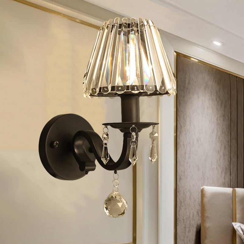 1 Light Living Room Wall Light Sconce Modern Style Black/Gold Finish Wall Mount Lamp with Cone Clear Crystal Shade Black Clearhalo 'Modern wall lights' 'Modern' 'Wall Lamps & Sconces' 'Wall Lights' Lighting' 250828