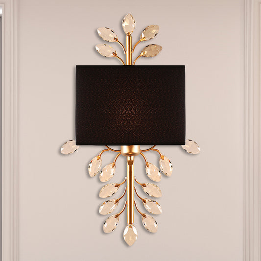 Black Rectangle Sconce Light Fixture Vintage Style 1 Bulb Fabric Wall Light with Clear Crystal Branching Design Black Clearhalo 'Modern wall lights' 'Modern' 'Wall Lamps & Sconces' 'Wall Lights' Lighting' 250867