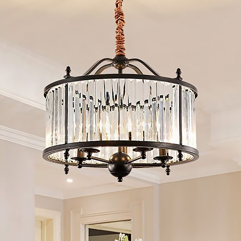 Rustic Cylinder Crystal Prism Chandelier Light 3/5 Lights Hanging Ceiling Light for Dining Room in Black 5 Black Clearhalo 'Ceiling Lights' 'Chandeliers' 'Glass shade' 'Glass' 'Modern Chandeliers' 'Modern' Lighting' 250895