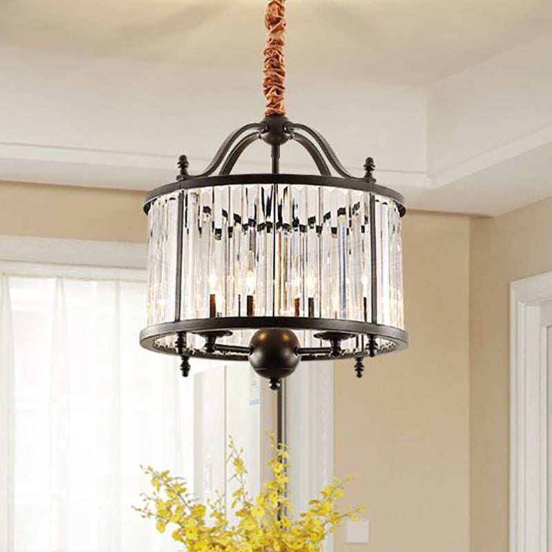 Rustic Cylinder Crystal Prism Chandelier Light 3/5 Lights Hanging Ceiling Light for Dining Room in Black 3 Black Clearhalo 'Ceiling Lights' 'Chandeliers' 'Glass shade' 'Glass' 'Modern Chandeliers' 'Modern' Lighting' 250896