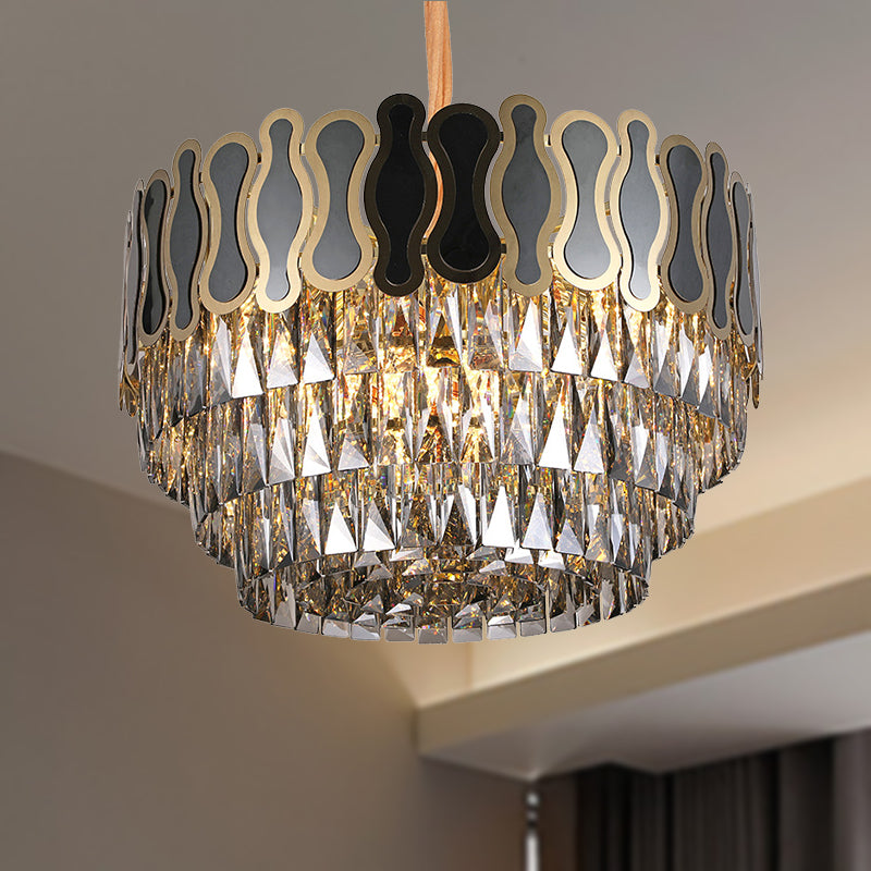 Metal and Crystal Tiered Hanging Light Fixture Modern 8/11 Lights Black Chandelier Light, 18"/23.5" Wide Black Clearhalo 'Ceiling Lights' 'Chandeliers' 'Modern Chandeliers' 'Modern' Lighting' 250913