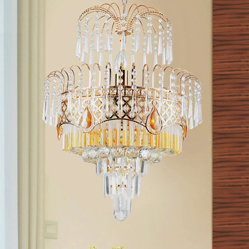 3/7 Lights Dining Room Ceiling Lamp with Layered Crystal Shade Modern Gold Chandelier Light, 18"/19.5" Wide Gold Clearhalo 'Ceiling Lights' 'Chandeliers' 'Modern Chandeliers' 'Modern' Lighting' 250922