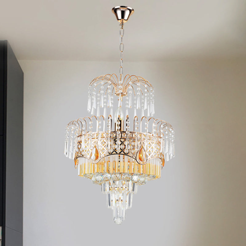 3/7 Lights Dining Room Ceiling Lamp with Layered Crystal Shade Modern Gold Chandelier Light, 18"/19.5" Wide Clearhalo 'Ceiling Lights' 'Chandeliers' 'Modern Chandeliers' 'Modern' Lighting' 250923