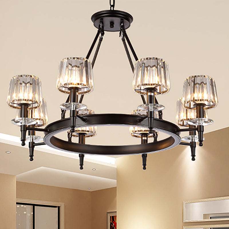 Black Barrel Hanging Light Fixture Vintage 3/6/8 Lights Metal Chandelier Light with Prismatic Glass Shade 8 Black Clearhalo 'Ceiling Lights' 'Chandeliers' 'Modern Chandeliers' 'Modern' Lighting' 250940