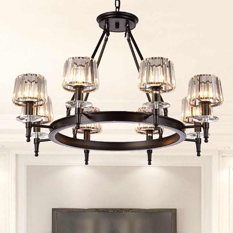 Black Barrel Hanging Light Fixture Vintage 3/6/8 Lights Metal Chandelier Light with Prismatic Glass Shade Clearhalo 'Ceiling Lights' 'Chandeliers' 'Modern Chandeliers' 'Modern' Lighting' 250941