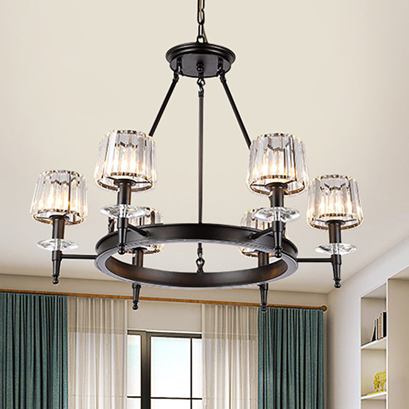 Black Barrel Hanging Light Fixture Vintage 3/6/8 Lights Metal Chandelier Light with Prismatic Glass Shade 6 Black Clearhalo 'Ceiling Lights' 'Chandeliers' 'Modern Chandeliers' 'Modern' Lighting' 250942