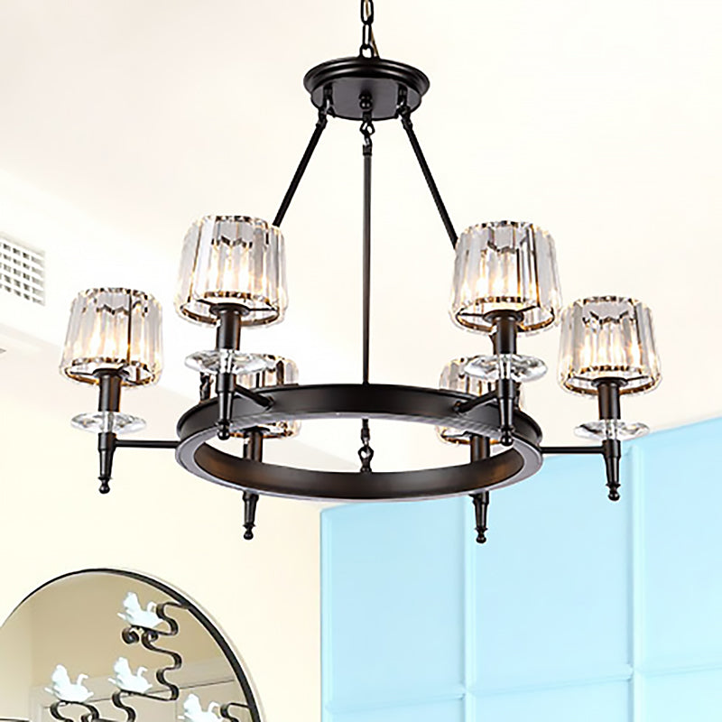 Black Barrel Hanging Light Fixture Vintage 3/6/8 Lights Metal Chandelier Light with Prismatic Glass Shade Clearhalo 'Ceiling Lights' 'Chandeliers' 'Modern Chandeliers' 'Modern' Lighting' 250943