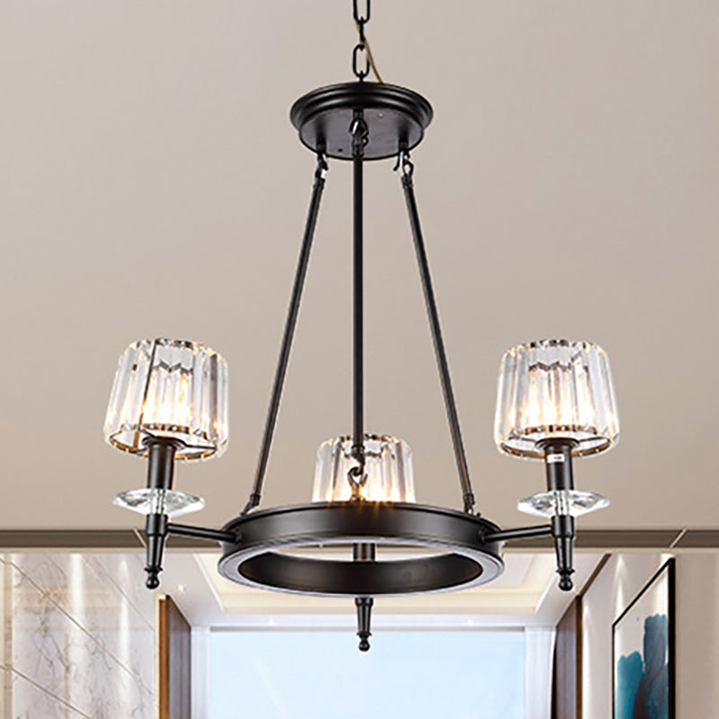 Black Barrel Hanging Light Fixture Vintage 3/6/8 Lights Metal Chandelier Light with Prismatic Glass Shade 3 Black Clearhalo 'Ceiling Lights' 'Chandeliers' 'Modern Chandeliers' 'Modern' Lighting' 250944