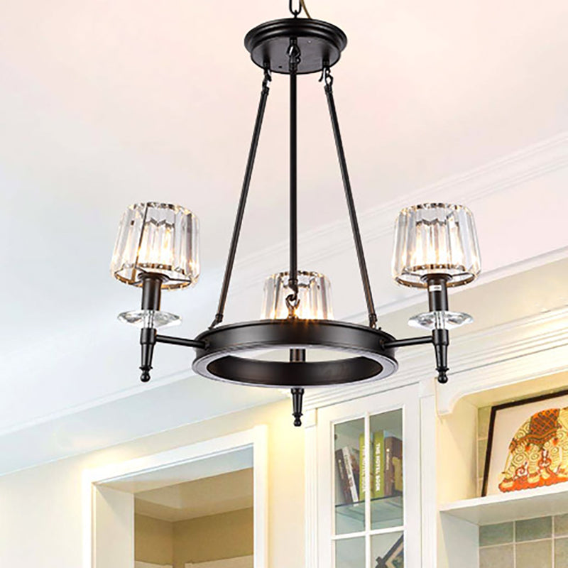 Black Barrel Hanging Light Fixture Vintage 3/6/8 Lights Metal Chandelier Light with Prismatic Glass Shade Clearhalo 'Ceiling Lights' 'Chandeliers' 'Modern Chandeliers' 'Modern' Lighting' 250945