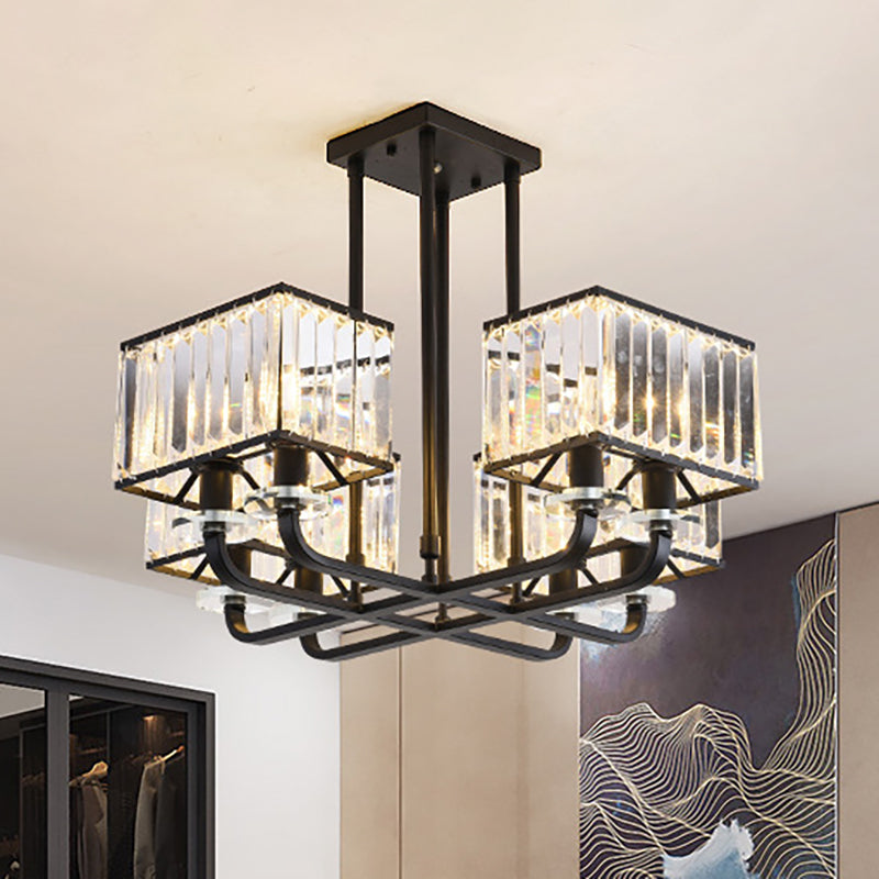 Cubic Shade Chandelier Light Vintage Prismatic Crystal 6/8 Lights Black Hanging Light for Living Room 8 Black Clearhalo 'Ceiling Lights' 'Chandeliers' 'Modern Chandeliers' 'Modern' Lighting' 250954