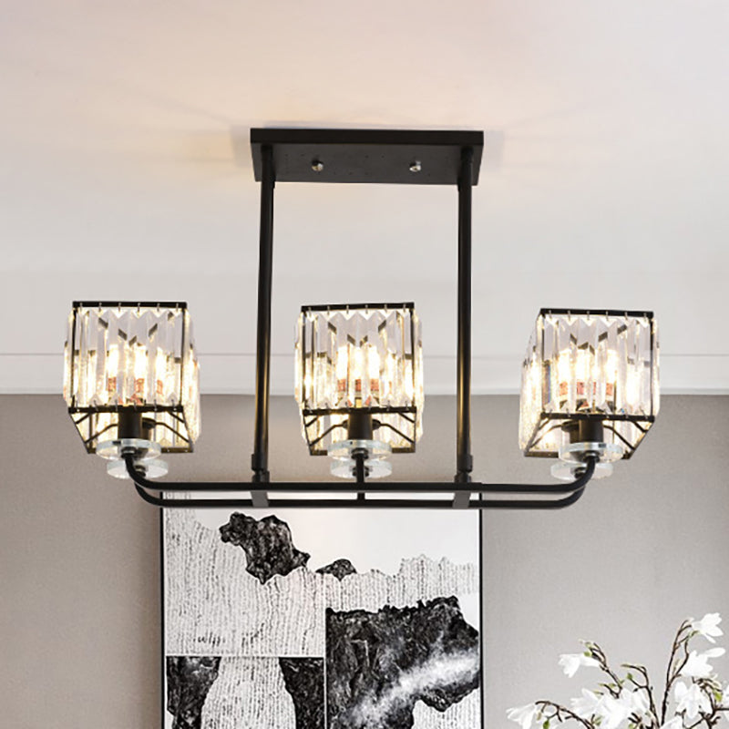 Cubic Shade Chandelier Light Vintage Prismatic Crystal 6/8 Lights Black Hanging Light for Living Room Clearhalo 'Ceiling Lights' 'Chandeliers' 'Modern Chandeliers' 'Modern' Lighting' 250956