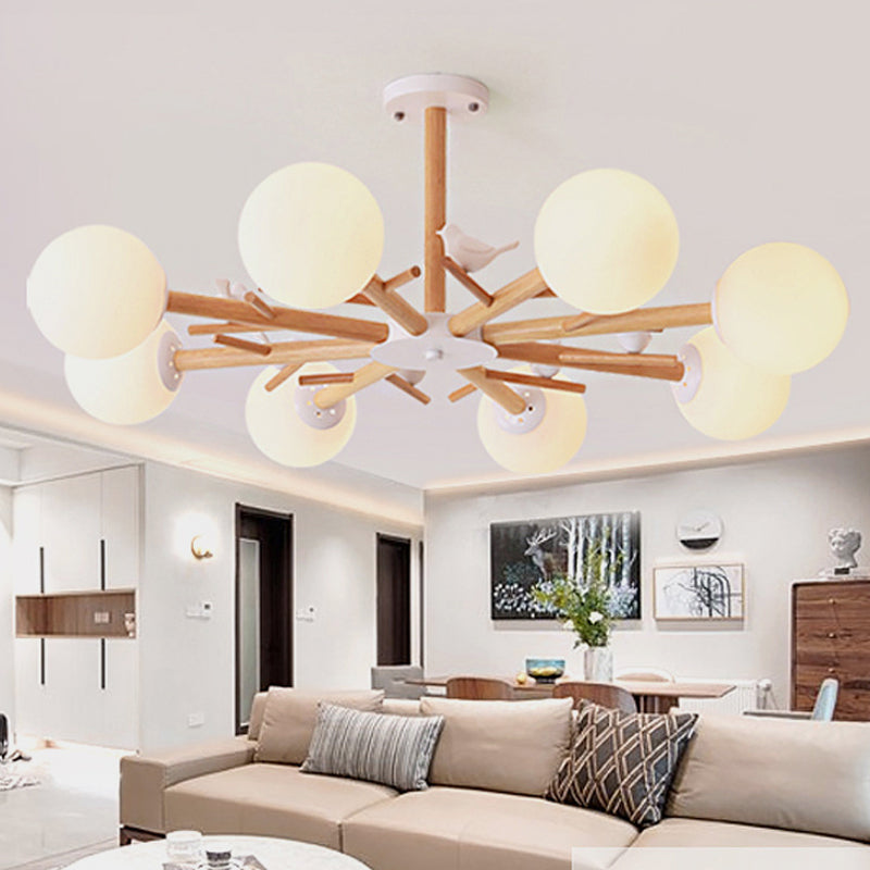 White Globe Shade Chandelier Rustic Style Wood Pendant Light with Bird for Dining Room 8 Wood Clearhalo 'Ceiling Lights' 'Chandeliers' Lighting' options 250992_dc7c19eb-b1b6-45e9-b974-c360a977108b