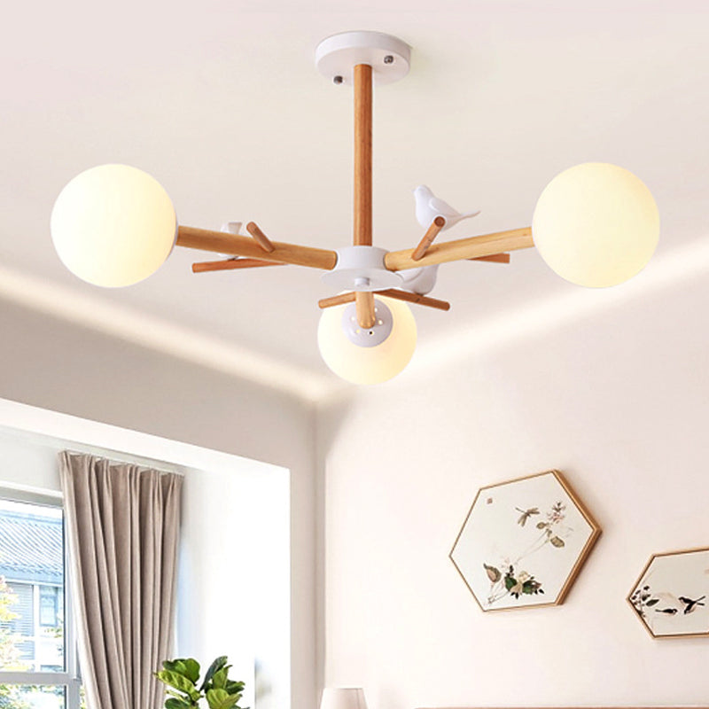 White Globe Shade Chandelier Rustic Style Wood Pendant Light with Bird for Dining Room 3 Wood Clearhalo 'Ceiling Lights' 'Chandeliers' Lighting' options 250994_df9ef8f0-4ffc-41ac-b440-acbabadd6656