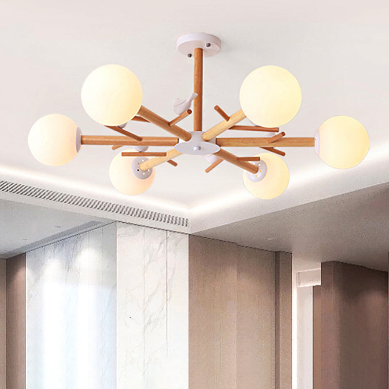 White Globe Shade Chandelier Rustic Style Wood Pendant Light with Bird for Dining Room 6 Wood Clearhalo 'Ceiling Lights' 'Chandeliers' Lighting' options 250996_1525ee33-28b8-47fd-8bb3-b5a0ecd32aa8