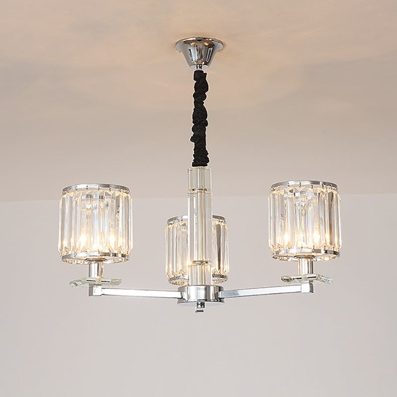 Cylinder Bedroom Chandelier Light Crystal 3/6 Lights Modern Hanging Light Fixture in Chrome 3 Chrome Clearhalo 'Ceiling Lights' 'Chandeliers' 'Modern Chandeliers' 'Modern' Lighting' 251001