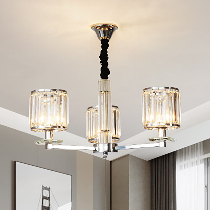 Cylinder Bedroom Chandelier Light Crystal 3/6 Lights Modern Hanging Light Fixture in Chrome Clearhalo 'Ceiling Lights' 'Chandeliers' 'Modern Chandeliers' 'Modern' Lighting' 251002