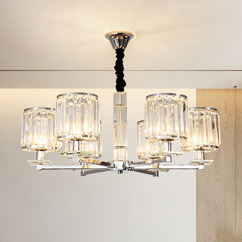 Cylinder Bedroom Chandelier Light Crystal 3/6 Lights Modern Hanging Light Fixture in Chrome 6 Chrome Clearhalo 'Ceiling Lights' 'Chandeliers' 'Modern Chandeliers' 'Modern' Lighting' 251003