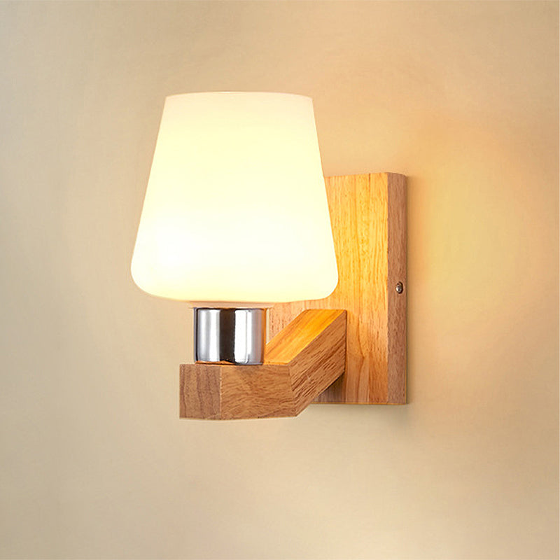 White Glass Wood Sconce Light Tapered 1-Light Nordic Wall Lamp Fixture for Living Room Clearhalo 'Modern wall lights' 'Modern' 'Wall Lamps & Sconces' 'Wall Lights' Lighting' 251054