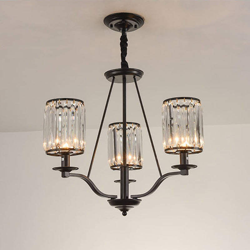 Cylinder Prismatic Optical Crystal Hanging Ceiling Light Antique 3/6/8 Light Black Chandelier Light 3 Black Clearhalo 'Ceiling Lights' 'Chandeliers' 'Modern Chandeliers' 'Modern' Lighting' 251081