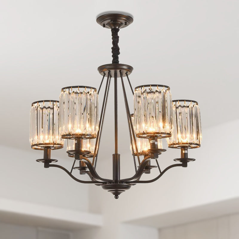 Cylinder Prismatic Optical Crystal Hanging Ceiling Light Antique 3/6/8 Light Black Chandelier Light 6 Black Clearhalo 'Ceiling Lights' 'Chandeliers' 'Modern Chandeliers' 'Modern' Lighting' 251083