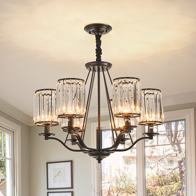 Cylinder Prismatic Optical Crystal Hanging Ceiling Light Antique 3/6/8 Light Black Chandelier Light Clearhalo 'Ceiling Lights' 'Chandeliers' 'Modern Chandeliers' 'Modern' Lighting' 251084