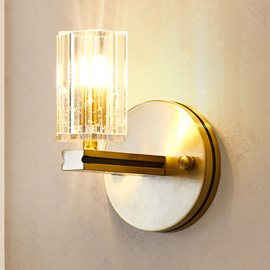 Prismatic Crystal Cylinder Sconce Light Contemporary 1 Light Wall Mount Light in Brass Brass Clearhalo 'Modern wall lights' 'Modern' 'Wall Lamps & Sconces' 'Wall Lights' Lighting' 251089