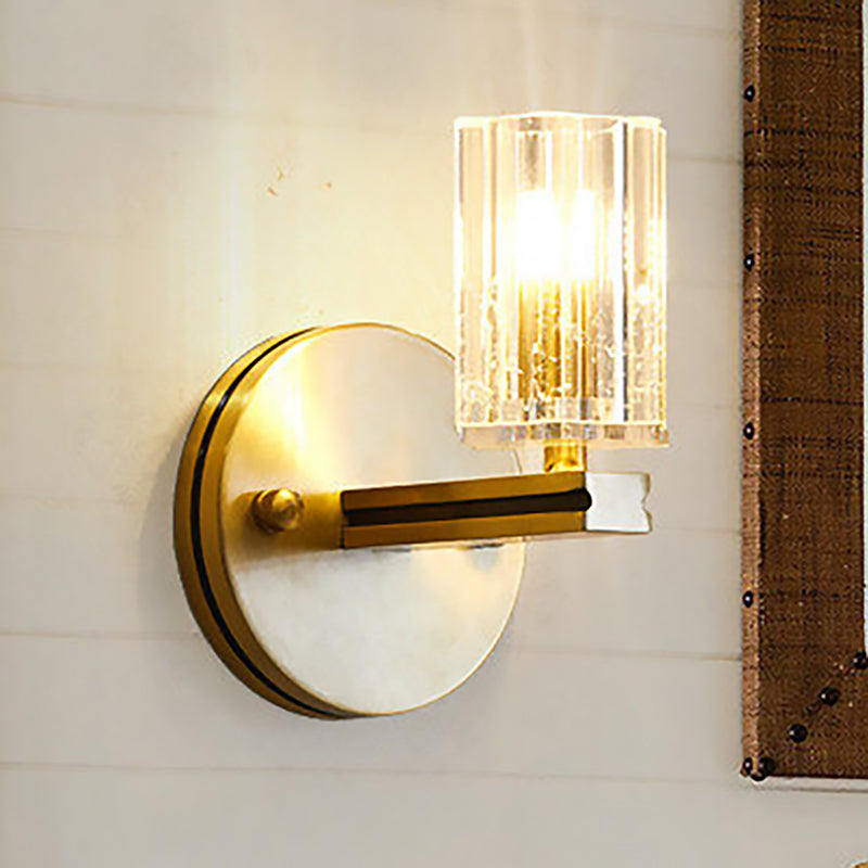 Prismatic Crystal Cylinder Sconce Light Contemporary 1 Light Wall Mount Light in Brass Clearhalo 'Modern wall lights' 'Modern' 'Wall Lamps & Sconces' 'Wall Lights' Lighting' 251090