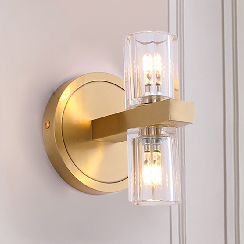 Prismatic Crystal Cylinder Wall Mount Light Postmodern 2 Lights Brass Up and Down Sconce Light Brass Clearhalo 'Modern wall lights' 'Modern' 'Wall Lamps & Sconces' 'Wall Lights' Lighting' 251104