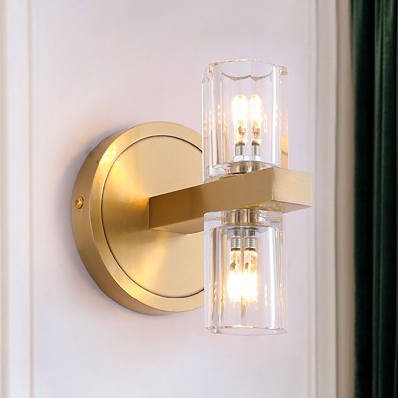 Prismatic Crystal Cylinder Wall Mount Light Postmodern 2 Lights Brass Up and Down Sconce Light Clearhalo 'Modern wall lights' 'Modern' 'Wall Lamps & Sconces' 'Wall Lights' Lighting' 251105