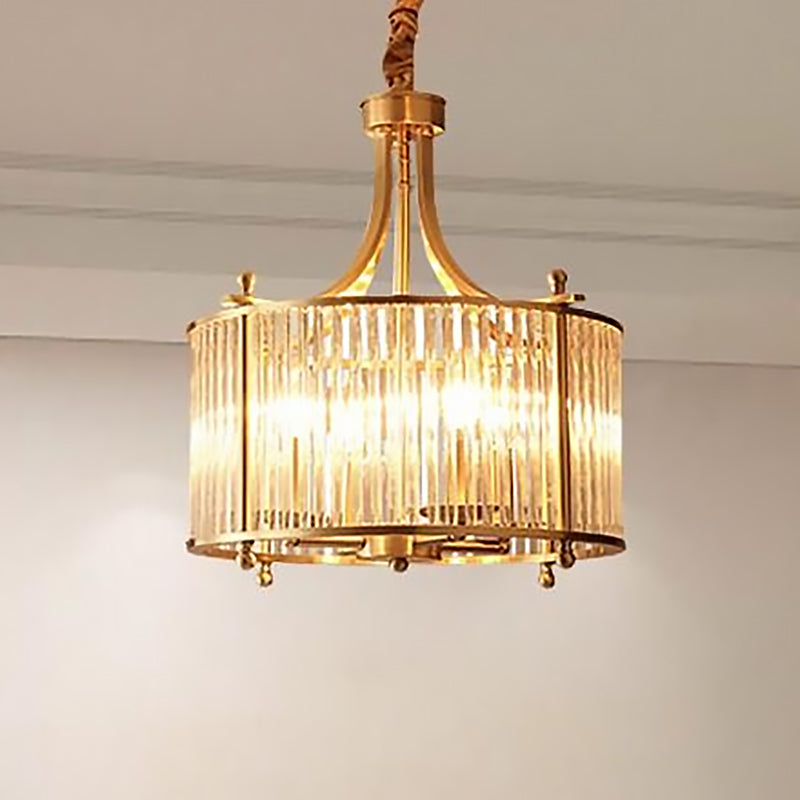 Crystal Rod Drum Chandelier Light Nordic 4 Lights Brass Hanging Ceiling Light for Dining Room Brass Clearhalo 'Ceiling Lights' 'Chandeliers' 'Modern Chandeliers' 'Modern' Lighting' 251116