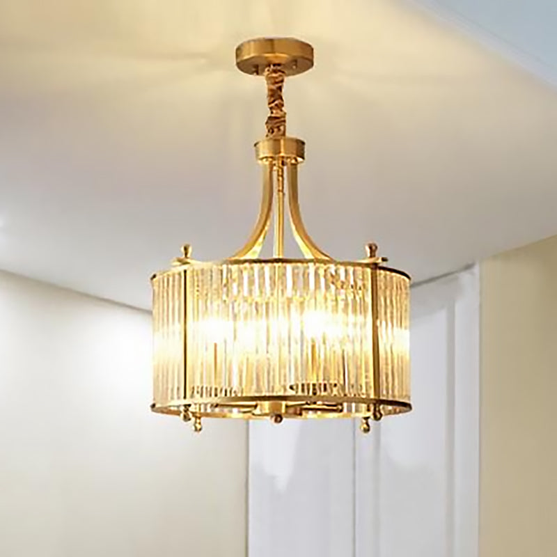 Crystal Rod Drum Chandelier Light Nordic 4 Lights Brass Hanging Ceiling Light for Dining Room Clearhalo 'Ceiling Lights' 'Chandeliers' 'Modern Chandeliers' 'Modern' Lighting' 251117