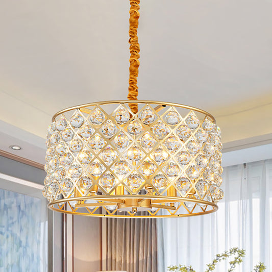 Postmodern Cylinder Hanging Light Crystal and Metal 6 Lights Dining Room Chandelier Light Gold Clearhalo 'Ceiling Lights' 'Chandeliers' 'Modern Chandeliers' 'Modern' Lighting' 251126