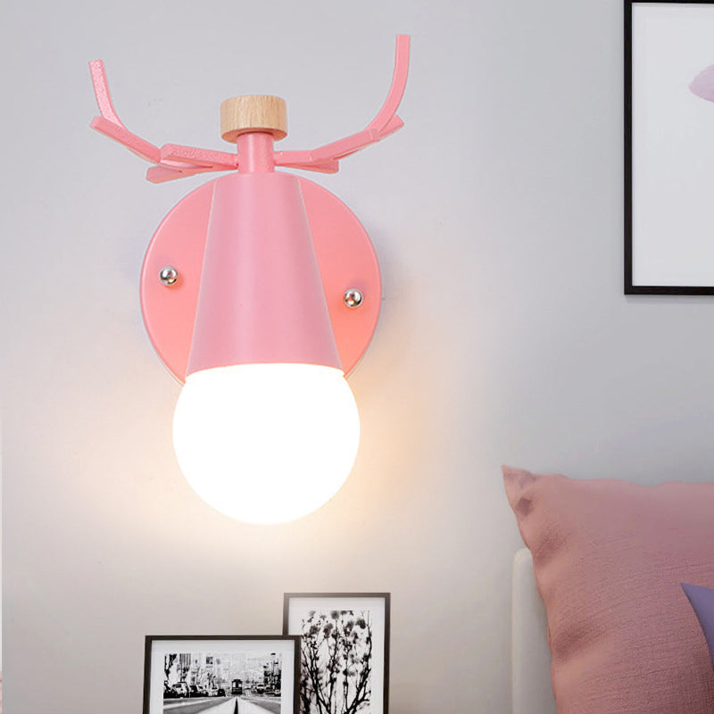 Metal Small Cone Wall Light with Deer Horn Rotatable Kid Bedroom 1 Light Nordic Style Wall Lamp Pink Clearhalo 'Wall Lamps & Sconces' 'Wall Lights' Lighting' 251175