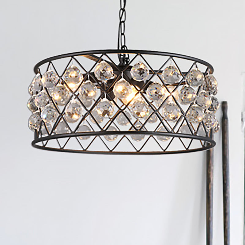 Round Iron Frame Ceiling Light Modern Metal and Crystal 4 Lights Black Chandelier Light Black Clearhalo 'Ceiling Lights' 'Chandeliers' 'Modern Chandeliers' 'Modern' Lighting' 251183