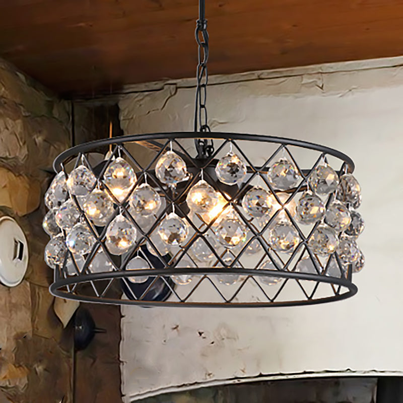 Round Iron Frame Ceiling Light Modern Metal and Crystal 4 Lights Black Chandelier Light Clearhalo 'Ceiling Lights' 'Chandeliers' 'Modern Chandeliers' 'Modern' Lighting' 251184