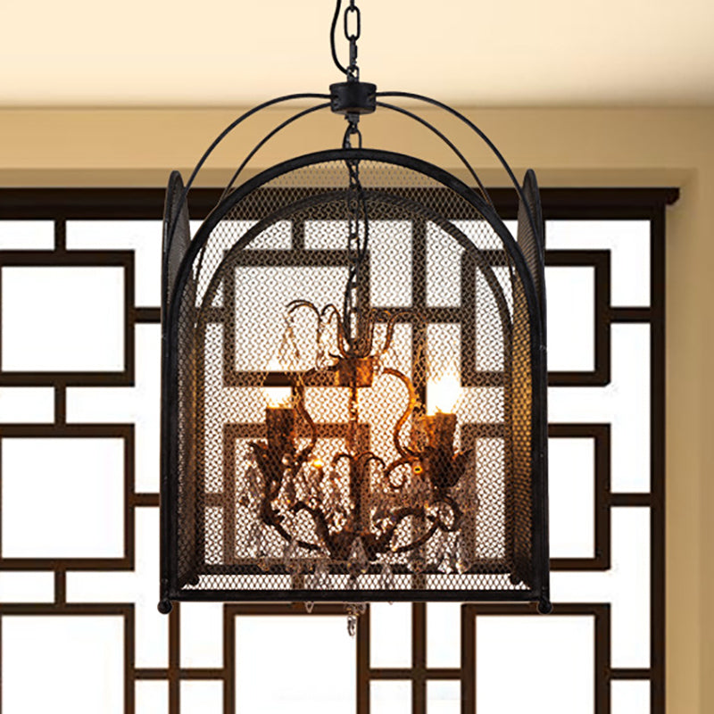 Mesh Cage Chandelier Lamp Modernism Crystal 4 Heads Hanging Light Kit in Black for Living Room Clearhalo 'Ceiling Lights' 'Chandeliers' 'Glass shade' 'Glass' 'Modern Chandeliers' 'Modern' Lighting' 251234