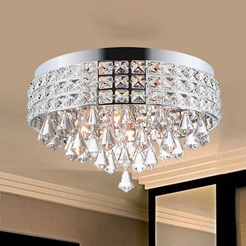 Contemporary Drum Flush Mount Light Crystal and Metal 4 Lights Bedroom Ceiling Fixture in Silver Silver Clearhalo 'Ceiling Lights' 'Close To Ceiling Lights' 'Close to ceiling' 'Flush mount' Lighting' 251247