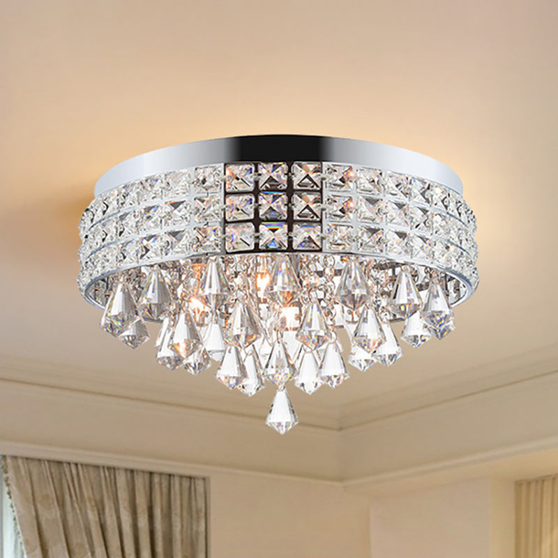 Contemporary Drum Flush Mount Light Crystal and Metal 4 Lights Bedroom Ceiling Fixture in Silver Clearhalo 'Ceiling Lights' 'Close To Ceiling Lights' 'Close to ceiling' 'Flush mount' Lighting' 251248