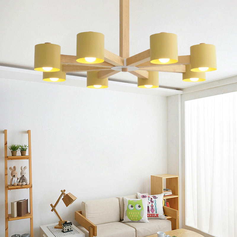 Cylindrical Shade Kid Bedroom Chandelier Wood Modern Style Ceiling Pendant Light 8 Yellow Clearhalo 'Ceiling Lights' 'Chandeliers' Lighting' options 251263_ede4e0d4-9930-4257-a9ee-4174c344dce3