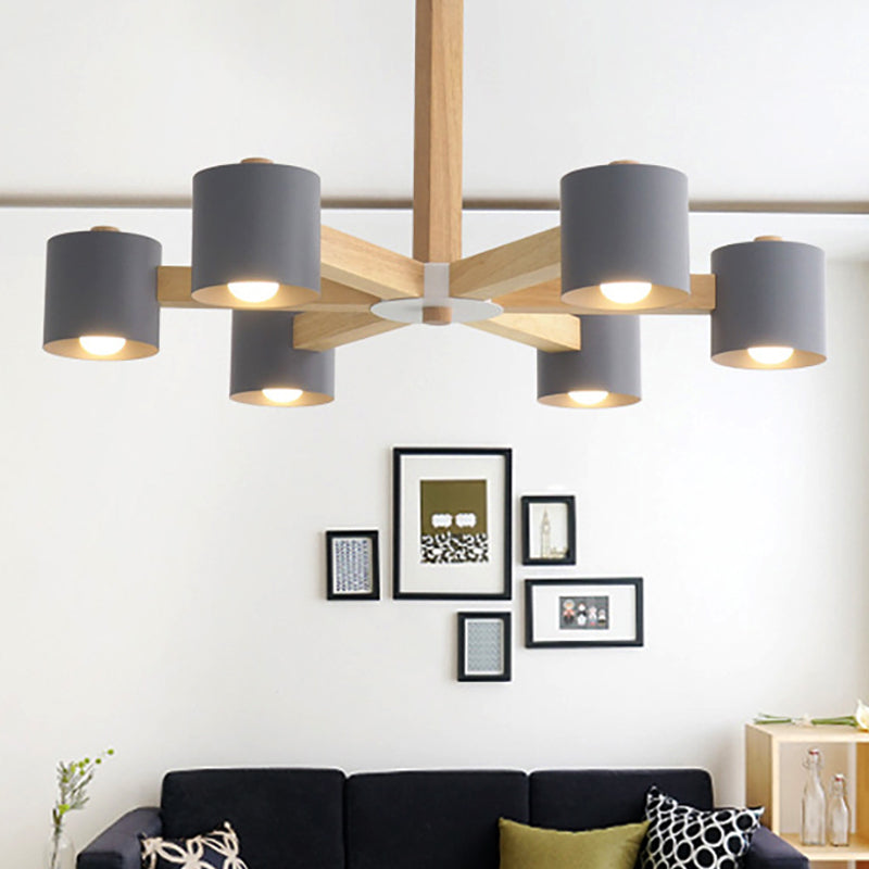 Cylindrical Shade Kid Bedroom Chandelier Wood Modern Style Ceiling Pendant Light 6 Grey Clearhalo 'Ceiling Lights' 'Chandeliers' Lighting' options 251267_da542f02-6ad7-4c22-8eeb-71456e89181e