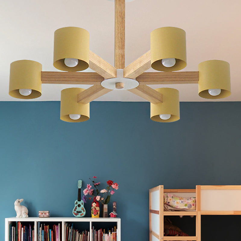 Cylindrical Shade Kid Bedroom Chandelier Wood Modern Style Ceiling Pendant Light 6 Yellow Clearhalo 'Ceiling Lights' 'Chandeliers' Lighting' options 251269_ebe3f394-5d25-45a2-a710-4102f36520bb
