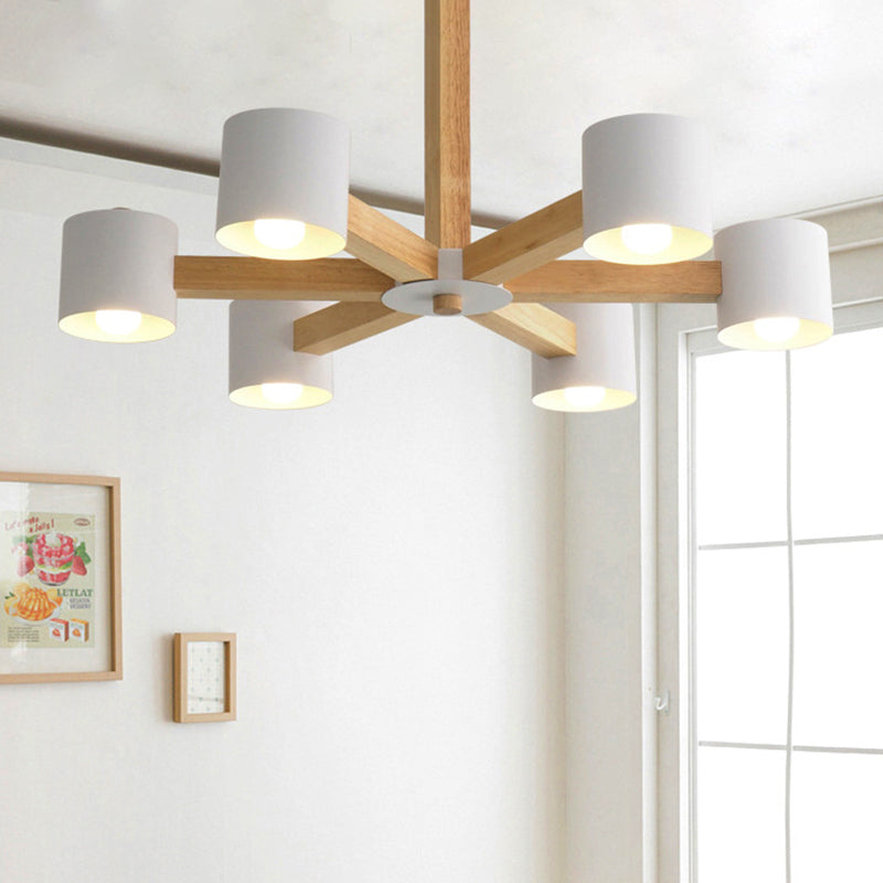 Cylindrical Shade Kid Bedroom Chandelier Wood Modern Style Ceiling Pendant Light 6 White Clearhalo 'Ceiling Lights' 'Chandeliers' Lighting' options 251271_0e42a164-5a2d-40dc-8fae-0ec2b786d2a3